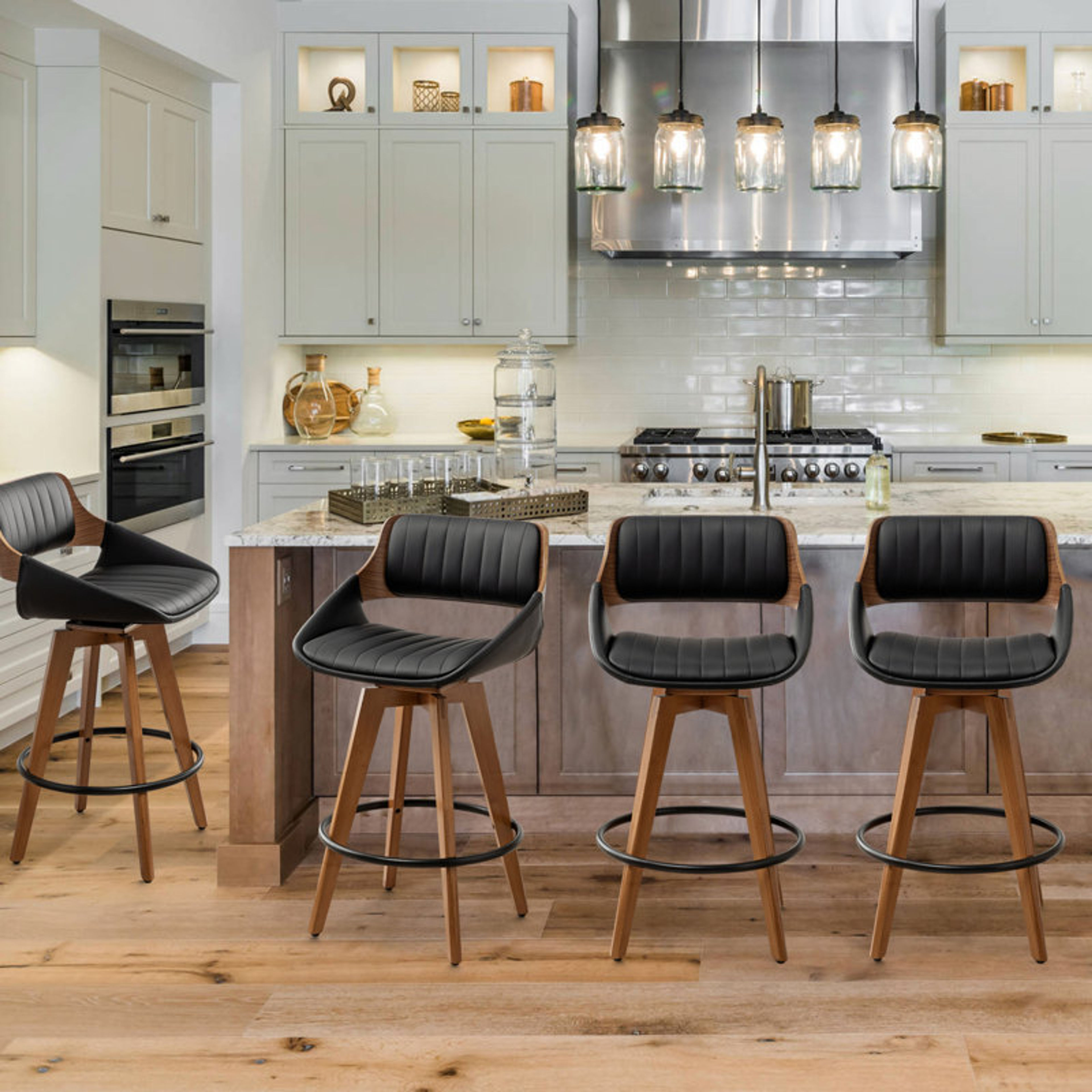 Jobani Swivel Bar Stools Set of 4 Black Faux Leather Upholstered