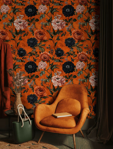 Lark Manor Bold Orange Floral Wallpaper Peonies & Black Dahlias Peel and Stick Roll - Wayfair Canada