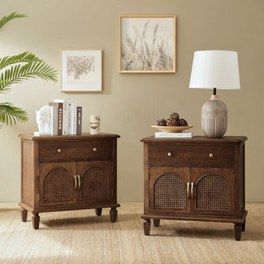 Dyals Traditional 27"Tall Nightstand Design Rattan Cabinet Doorswith Built-in Power Outlet and Adjustable Shelf (Set of 2)