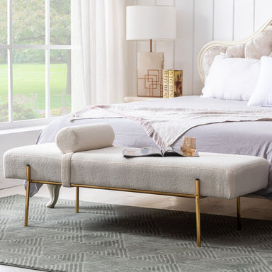 Everly Quinn Donoven White 55" End of Bed Bench, Modern Faux Fur Upholstered Ottoman Bench Seat with Gold Legs & Reviews | Wayfair