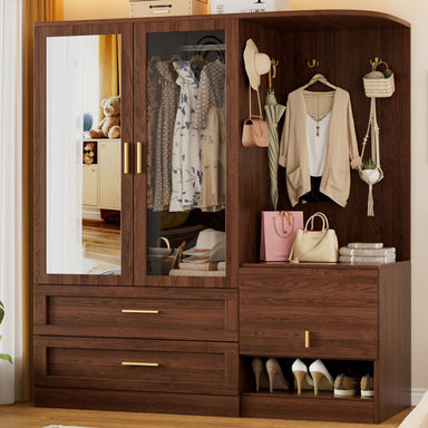 2 Doors Farmhouse Armoire Wardrobe Closet With Mirror,71'' Tall Freestanding Wooden Wardrobe Closet Storage Cabinet For Bedroom With Hanging Rod,cloth