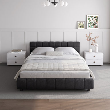 Chenille Upholstered Bed Frame With Headboard And Drawer