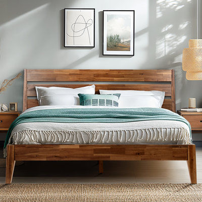 Acacia Christoper Premium Solid Wood Bed Frame, Platform Bed with Headboard Included, Mid century Modern Wood Bed, No Box Spring Needed, Fits All Matt