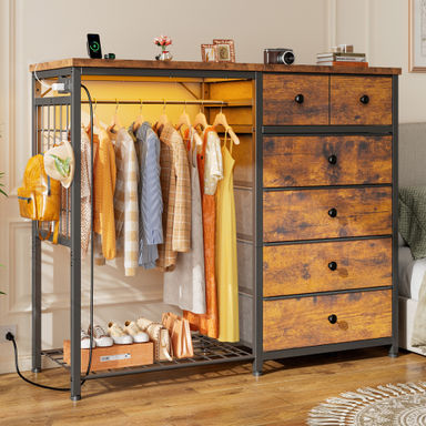 17 Stories Dresser For Bedroom With Clothes Rack, 6 Drawer Dresser With Shoe Rack, Charging Station & Led Lights | Wayfair