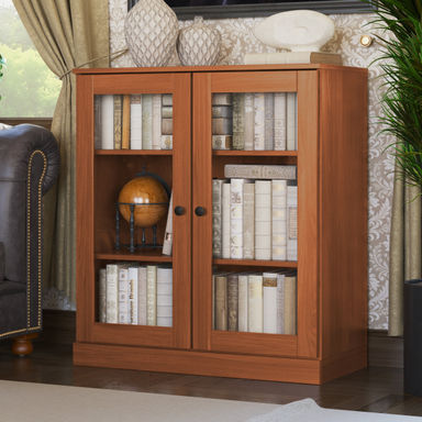 100% Solid Wood 3-Shelf Bookcase with Clear Glass Doors and Adjustable Shelves