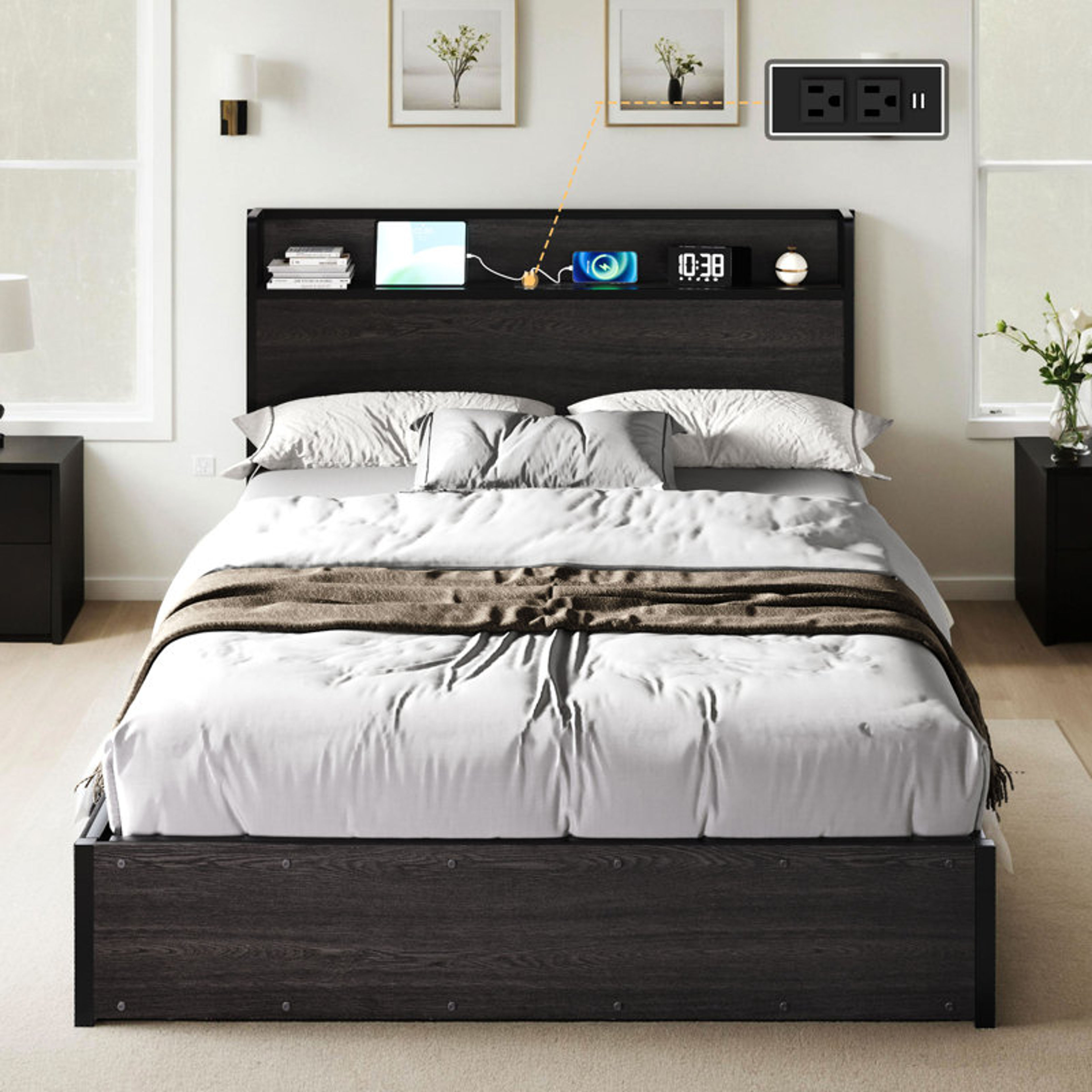 Shila Lift Up Storage Bed Frame with Charging Station