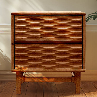 Gerrell Elara Solid Wood 2-Drawer Nightstand with Sculpted Front – Mid-Century Modern Bedside Table for Bedroom or Living Room, Walnut Finish