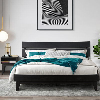2-Pcs Bedroom Set – Solid Wood King Platform Bed Frame & Matching Nightstand, Mid-Century Modern, Black Ristretto Finish, 800 lbs Capacity, No Box Spr