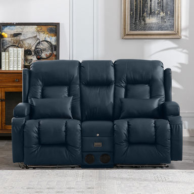 Ebern Designs 67" Wide Faux Leather Heated Power Recliner Massage Theater Loveseat with Cup Holder & Reviews | Wayfair
