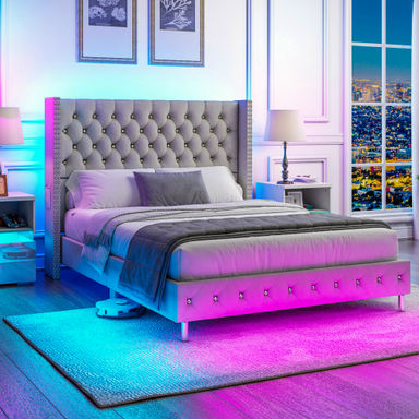 House of Hampton® Jaquavion Queen white Upholstered Platform Bed with Wingback and LED & Reviews | Wayfair