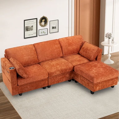 86" Chenille Modular Sofa With Adjustable Backrests, 4-Seat Sectional Couch With Usb Port And Cup Holders, L Shape Modern Sofa With Storage Space For Livingroom, Bedroom