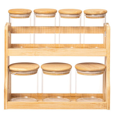 Versatile 2-tier Bamboo Spice Rack And Pantry Organizer With 7 Glass Jars - Perfect For Countertop Storage In Kitchens To Keep Seasoning Containers Neatly Displayed And Easily Accessible