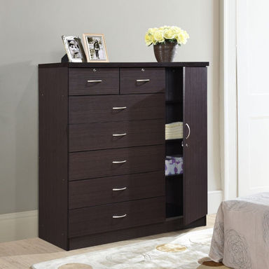 7-Drawer Dresser 47-inch Wide Wood Chest with 2-Locking Drawers, 1-Locking Door, 3-Shelves and Clothing Rod for Bedroom Storage