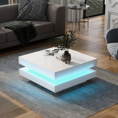 Deontea Pedestal  High Gloss Minimalist Design with LED Lights, 2-Tier Square Coffee Table, Center Table, Living Room Table