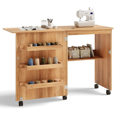 Folding Sewing Craft Table with 3 Storage Bins and Shelves