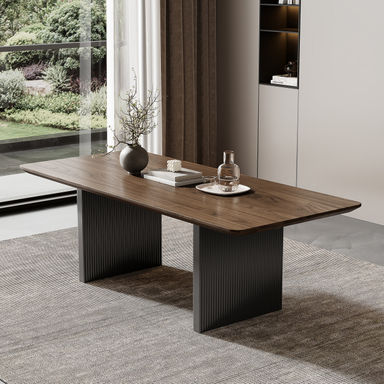 Mid Century Modern 86" Wood Rectangular Dining Table for 8-10,Dark Solid Wood Veneer Table top,Double Black Wood legs