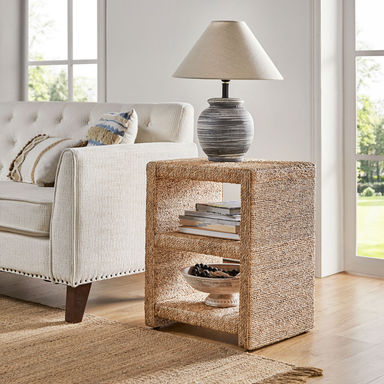 Boatwright Grass Rope End Table with Two Open Shelves