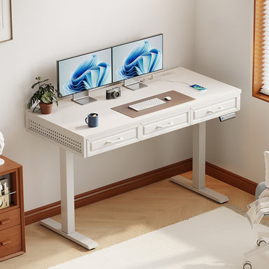 Height Adjustable Standing Desk With Integrated Charging Station, Electric Standing Desk With Three Wooden Drawers, Standing Desk With Memory Controll