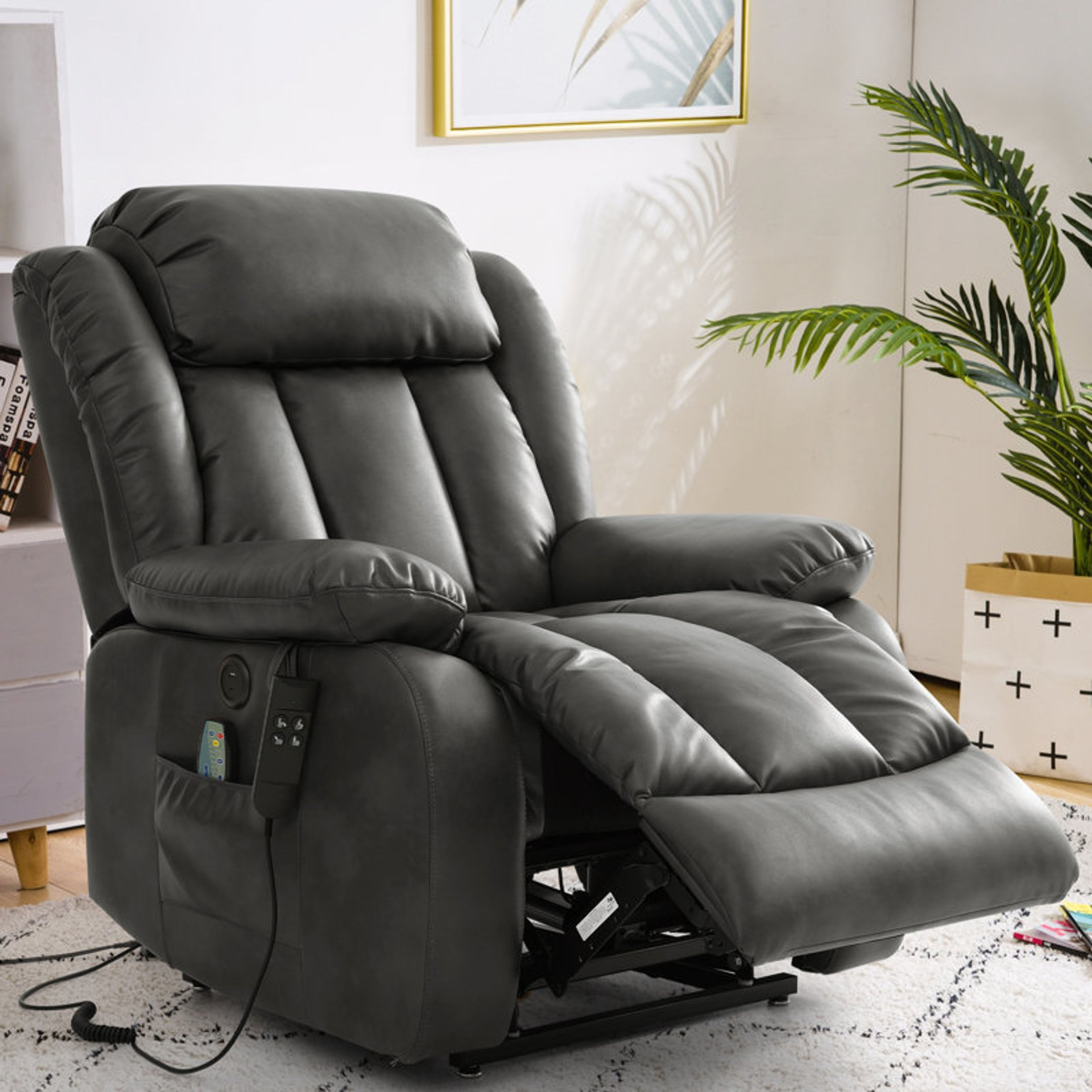 Gray Breathable Leather Power Lift Recliner with Heat & Massage
