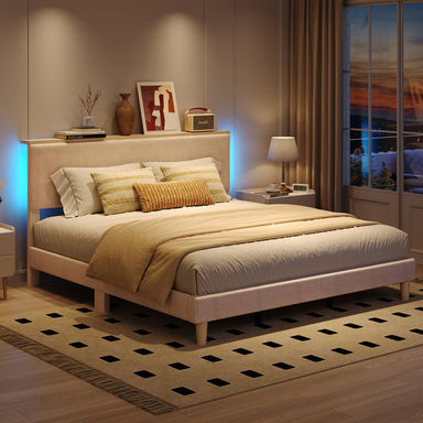 Velvet Upholstered Platform Bed Frame With Storage Headboard And LED Lights