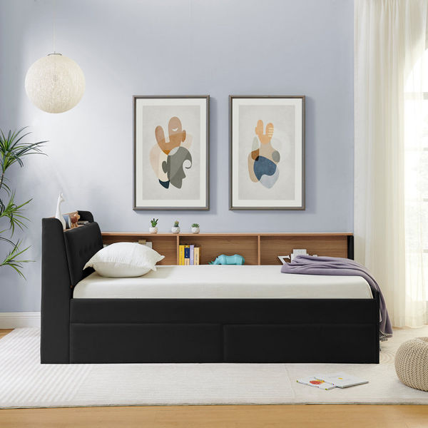 Twin Size Upholstery Velvet Height Adjustable Day Bed With Storage Headboard And Wireless Charging, Daybed With Trundle Bed & LED Lights