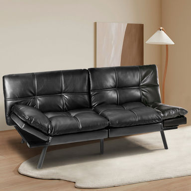 71'' Wide Faux Leather Futon Sofa Bed Couch with Adjustable Armrests for Living Room