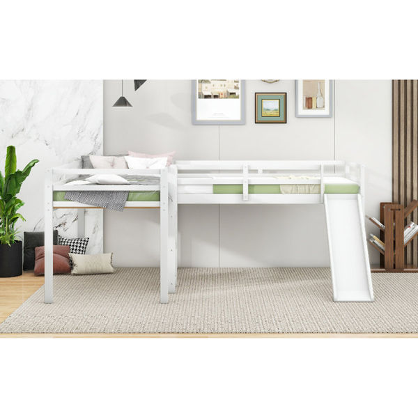 L-Shaped Twin Size Loft Bed with Ladder and Slide