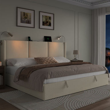 Reman Lift Up Storage Upholstered Platform Bed, Linen Upholstered Bed Frame With 2 Reading Lights