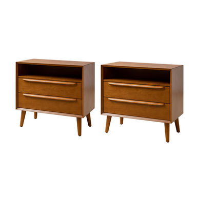 Aviannah Midcentury Modern 2 - Drawer Nightstand with Built-In Charging Station and Rubber Wood Legs and Open Shelf