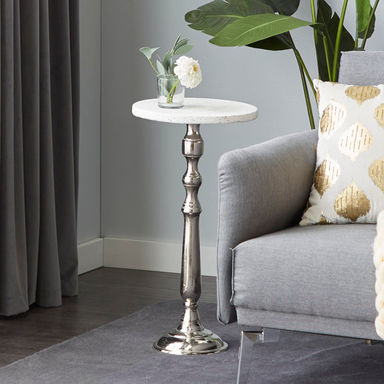 Terrazzo Stone Side End Silver Accent Table with Marble Top
