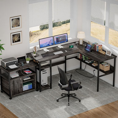 Afjol 47'' Reversible L Shaped Desk with Storage, Power Outlet and USB Ports