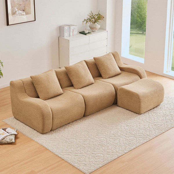 Boneless Sofa, 3 Seat High-Quality Teddy Fabric, Anti-Slip Design, No Assembly Curved Armrests Streamlined Design, Assembly Chaise 32D High Density Sp