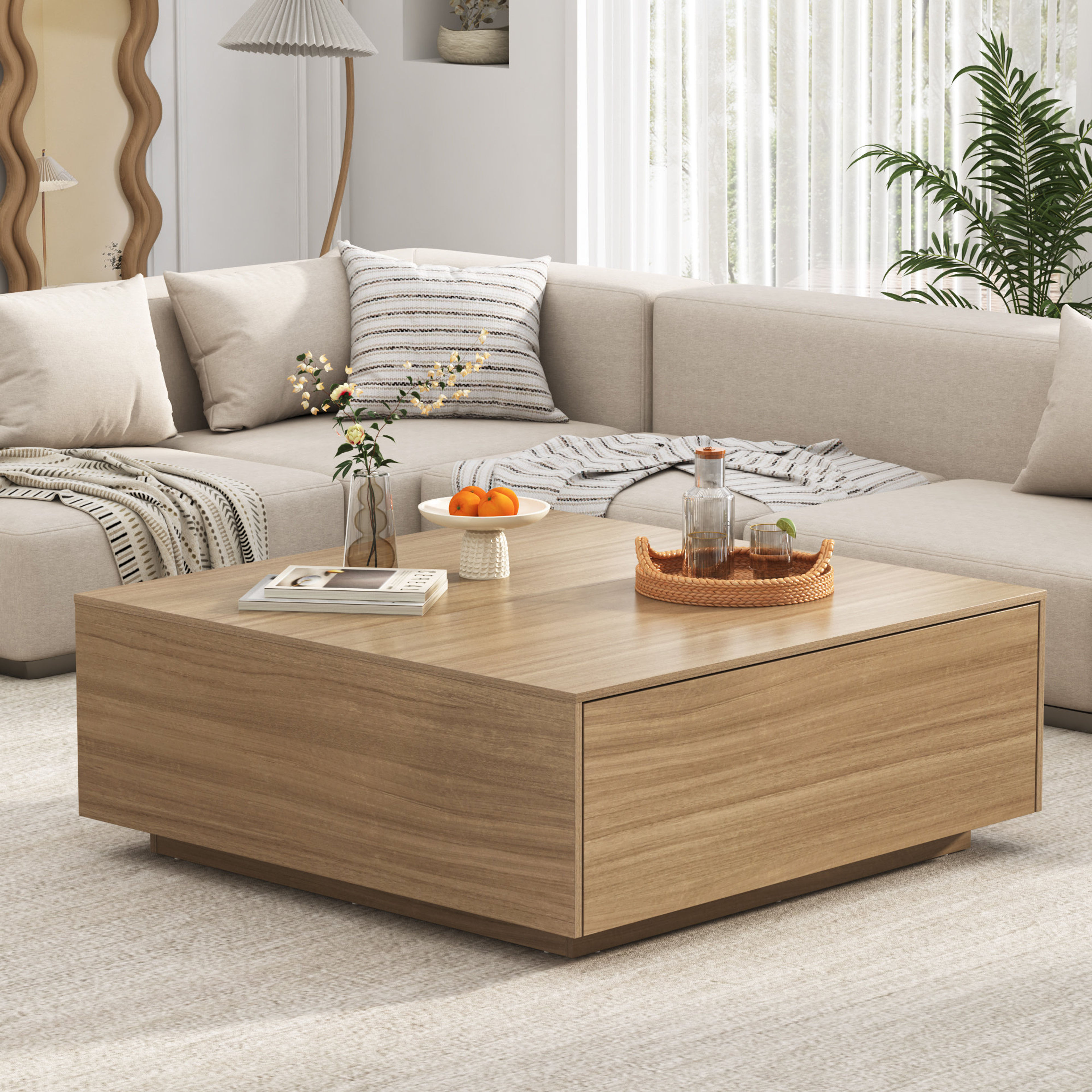 Modern Square Wood Coffee Table with 2 Drawers | Ebern Designs