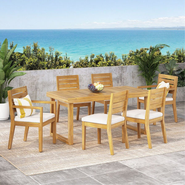 Outdoor Acacia Wood 7 Piece Dining Set With Cushions, Sandblasted Natural And Beige