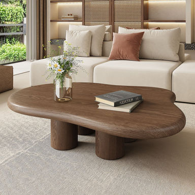 48.5" Rustic Wood Coffee Table, Round Coffee Table with Cloud Shaped Design Cloud Coffee Table Made of Solid Wood & Manufactured Wood and Vintage Walnut Veneer Finish for Living Room