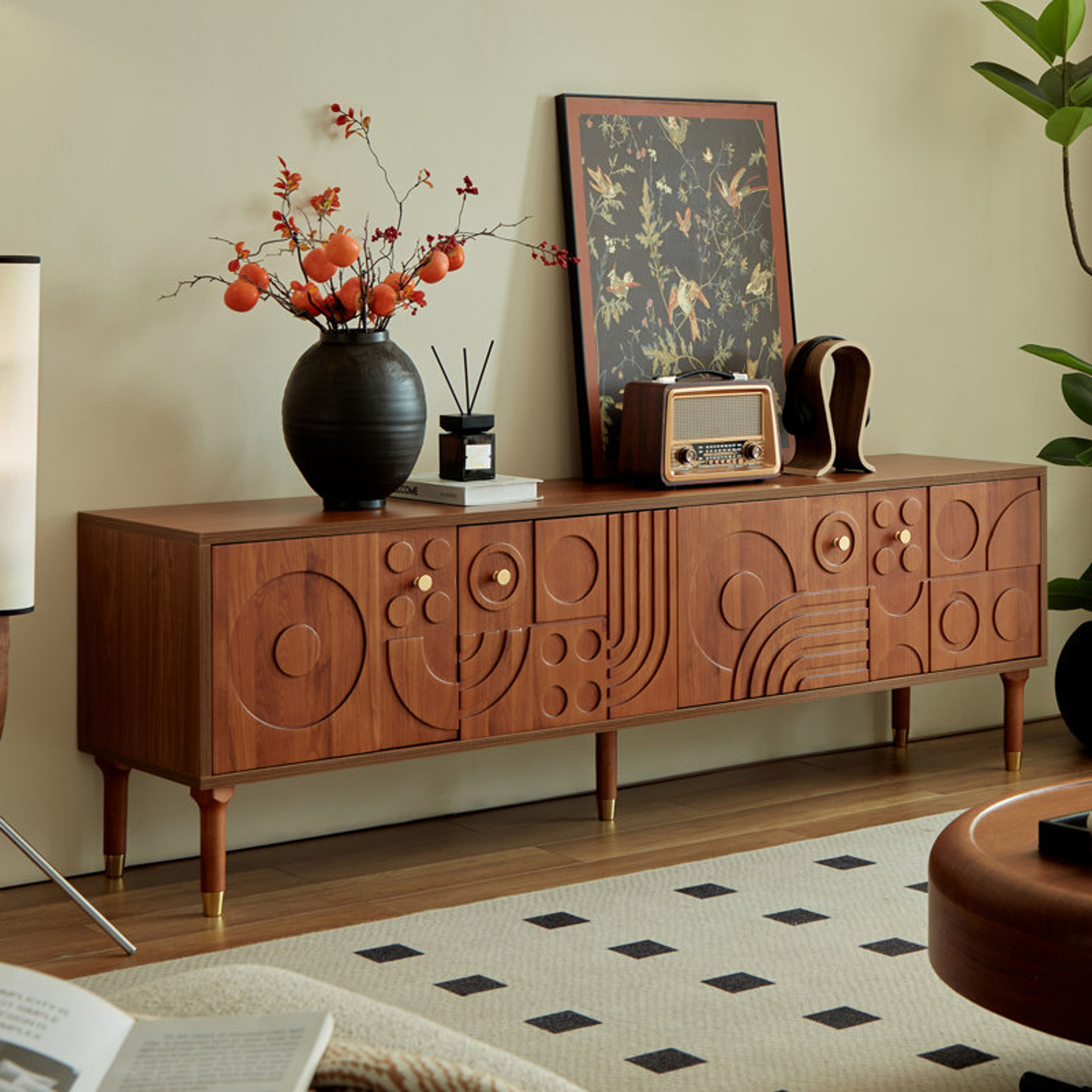 Mid-Century Modern Walnut TV Stand for 55+ Inch TVs | 4 Cabinets