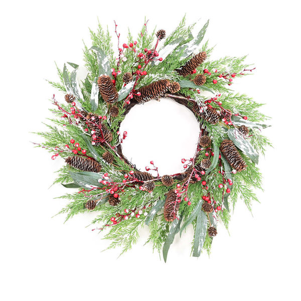22" Artificial Farmhouse Blossoms Cluster Greenery Leaves Christmas Frozen Berry Pinecone Winter Wreath For Front Door