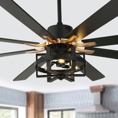 Hilde 65 Inch Industrial Caged Ceiling Fan with Remote, 6-Speed Dual Finish Blades Reversible Ceiling Fan For Bedroom