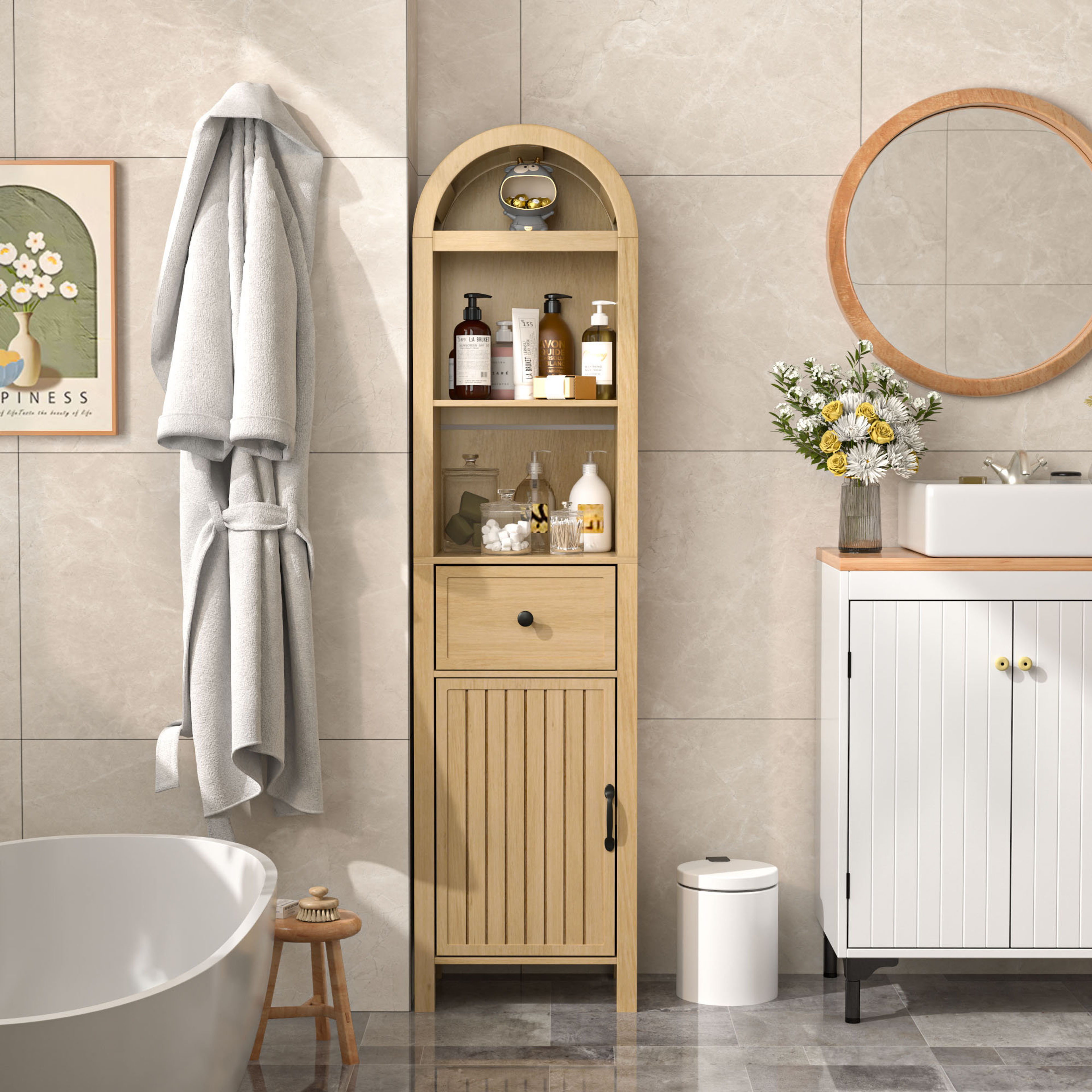 Narrow Tall Freestanding Bathroom Cabinet with Fluted Doors & Drawers