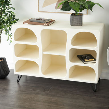 Corrigan Studio® Wood 8 Shelf Storage Cream Shelving Unit With Black Metal Support & Reviews | Wayfair