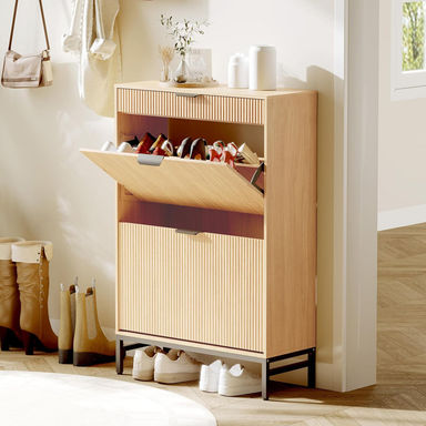 Homhougo Modern Natural Fluted Shoe Cabinet – 2 Flip Drawers, Pull-Out Drawer & Hook, Slim Wooden Organizer With Metal Legs For Entryway & Compact Spaces