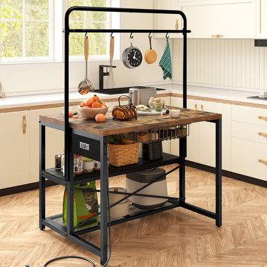 46''W Kitchen Island With Storage, Bakers Rack With 5 Racks