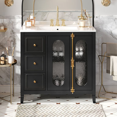36 Inch Bathroom Vanity with Sink, Freestanding Modern Vanity Cabinet with Hammered Glass Doors and Storage Drawers, Black