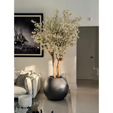 White Cherry Blossom Tree In 30" Matte Grey Globe Planter