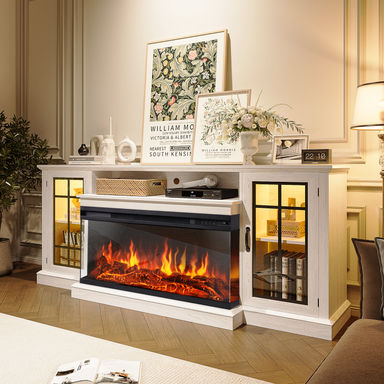 Gracie Oaks Farmhouse TV Stand with 36" Electric Fireplace and Glass Cabinet & Reviews | Wayfair
