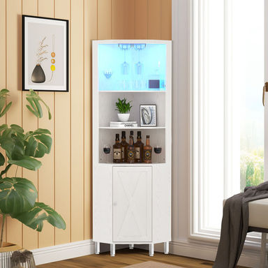 Breasia 67" Height Corner Bar Cabinet with Wine Storage, 5 Tier Corner Shelf with LED Lights & Glass Holder