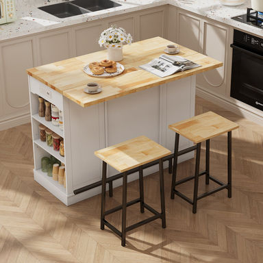 Kitchen Island With Storage Cabinet And Trash Cabinet,  3 Pieces Kitchen Dining Table Set With 2 Stools And Drop Leaf
