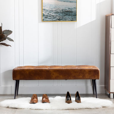 Lora Mid-Century Modern Tufted Leather Bench, 44" Wide with Metal Legs
