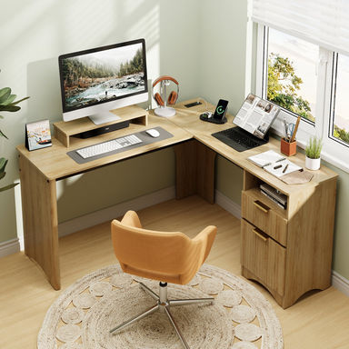 Daymen 55Inch Lift Top L Shaped Desk with Power Outlet, Fluted Computer Desk with File Drawer and shelf , Home Office Desk with Monitor Stand and Cable Management