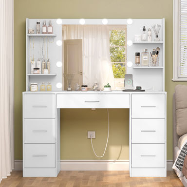 Latitude Run® Camyla Makeup Vanity Table with LED Lighted Mirror, Power Outlet,7 Drawers,4 Shelves,5 Jewelry Hooks & Reviews | Wayfair
